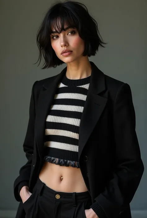 Photograph of a 20-year-old Italian woman, visage parfait,  masterpiece striped sweater, GOOD,  underwear ,  black short hair, black jacket, black pants 