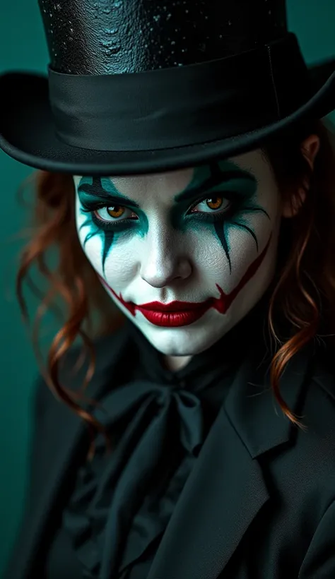  A woman with an impressive and intimidating look.  His face is painted with the makeup of the mad hatter from the movie Alice in Wonderland . she has piercing eyes,  that give an intense expression . Or does she use a top hat,   The dark background highli...