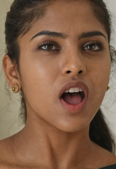 Ultra detailed photo of kannadiga woman, beautiful girl, highest quality realistic skin, eyes in focus, 25 years old, focus on mouth, open mouth, saliva, open mouth wide, inside of mouth visible, ponytail hair, mouth open wide, uvula visible, mouth open wi...