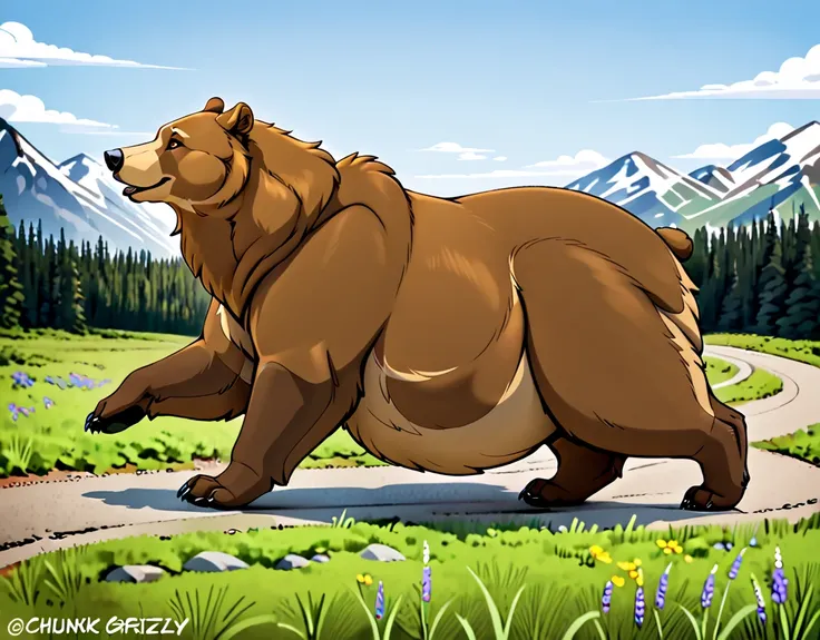 A beyond Obese Feral grizzly bear, with a very unbelievably enormously extremely chunkiest belly so large it drags heavily on the ground, walking, side view. 