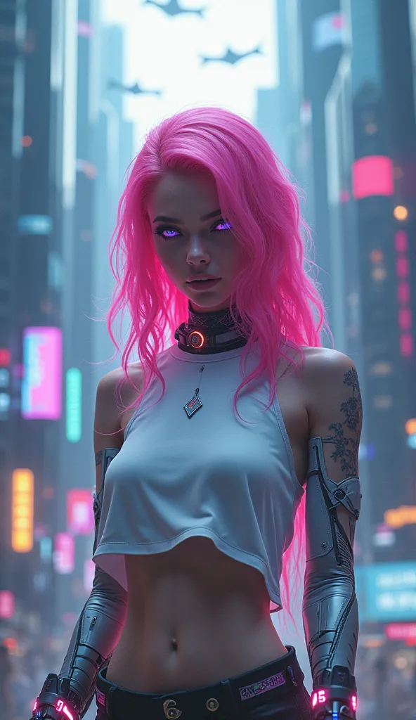 A young girl, approximately 25 years old, with long, straight hair of bright neon pink, which contrasts with her pale, flawless skin. Her eyes are a deep violet, with cybernetic details suggesting advanced technological implants. She wears a tight-fitting ...