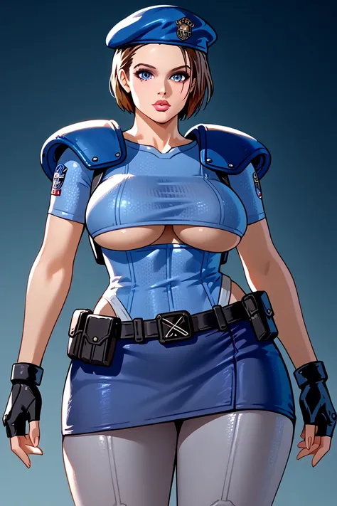 (   top quality ), (   top quality ), (   top quality ), (Overall view) Jill Valentine, masterpiece , top quality, 1 girl , alone, standing, , beret , uniform, Shoulder pads , Short sleeve, Harness, belt, underpants, immovable pattern , big , big butt , Sh...