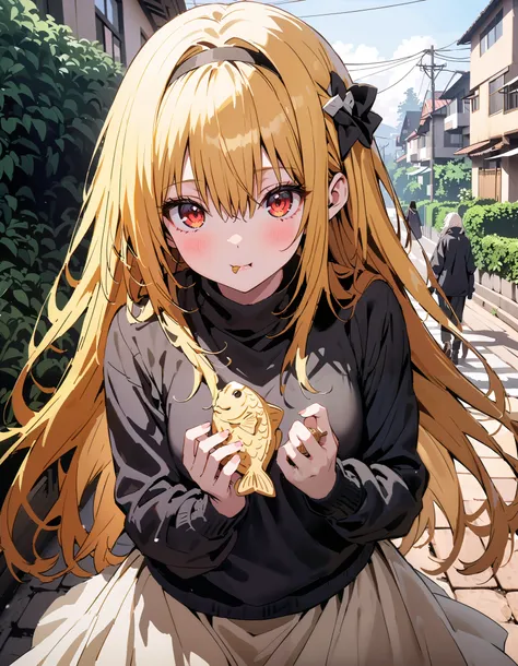 toloverudarkness, darkness, yellow hair,  long hair,  red eyes ,  Hair Ornament,White hair band ,White muffler, black down coat ,( sweater  :1.2),(  turtleneck:1.2), white long skirt, boots,Walking around eating with taiyaki in one hand,Eating taiyaki ,sno...