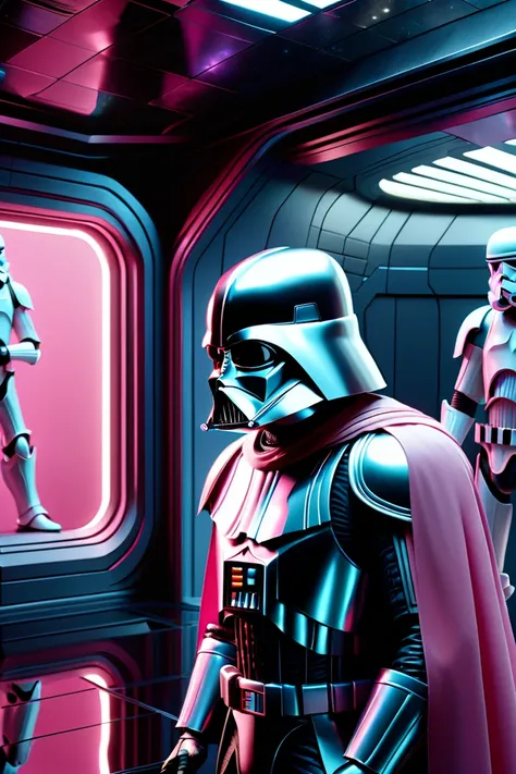 Darth Vader stands in a dimly lit chamber, a speech bubble saying "Damned troopers!", his imposing presence slightly undermined by the unexpected sight of his iconic armor now entirely pastel pink. The glossy, pastel-toned helmet reflects the soft ambient ...