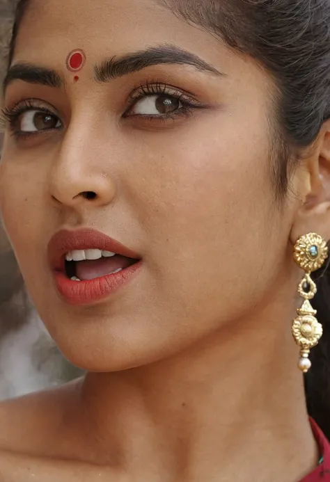 Ultra detailed photo of kannadiga woman, beautiful girl, highest quality realistic skin, eyes in focus, 25 years old, focus on mouth, open mouth, saliva, open mouth wide, inside of mouth visible, ponytail hair, mouth open wide, uvula visible, mouth open wi...