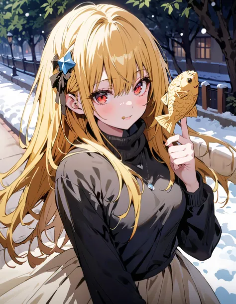 toloverudarkness, darkness, yellow hair,  long hair,  red eyes ,  Hair Ornament,White hair band ,White muffler, black down coat ,( sweater  :1.2),(  turtleneck:1.2), white long skirt, boots,Walking around eating with taiyaki in one hand,Eating taiyaki ,sno...