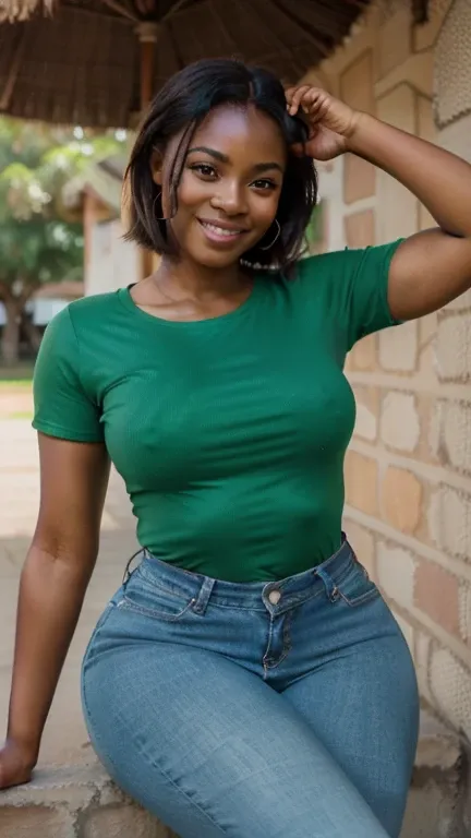 Very attractive 21 year old Zambian girl, beautiful thighs,  bright smile ,  plump lips,  bright smile , plain green t-shirt,  tight jeans