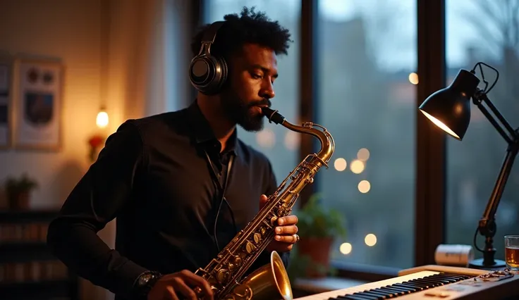 Create an image of a black musician,With with headphones listening to music,The saxophone in the hands,in a beautiful room with large glass windows, an office table,with a cup of tea and a musical keyboard and the background with small blurred lights.