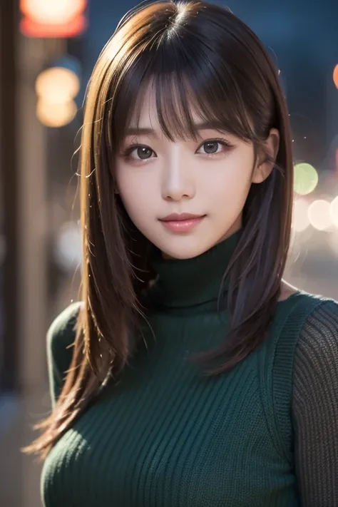 one 19 year old girl, (Dark green turtleneck thin sweater), Raw photo, highest quality, photorealistic, very delicate and beautiful, very detailed, 8K wallpaper, High resolution, soft light, very detailed目と顔, beautifully detailed nose, detailed and beautif...