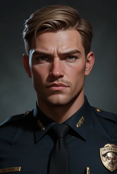 28 year old man, tall, strong, short dark blond hair, his eyes are green and his eyebrows are thick, he has a defined jaw and thick lips, he wears a dark police uniform.