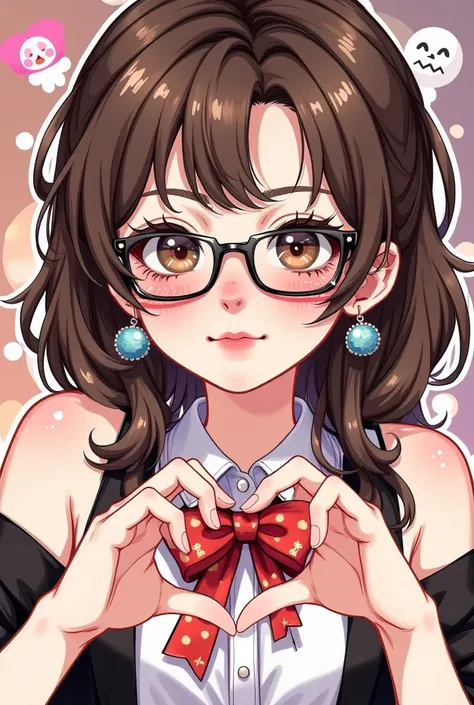  Masterpiece,  anime chibi style,   medium close-up illustrated logo  ,   girl twitch sticker  ,  brown wavy hair , Girl with brown eyes and glasses , obersait Clothing style ,  Girl doing the action of making hearts with her hands