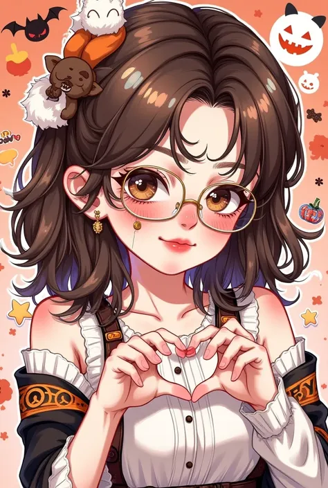  Masterpiece,  anime chibi style,   medium close-up illustrated logo  ,   girl twitch sticker  ,  brown wavy hair , Girl with brown eyes and glasses , obersait Clothing style ,  Girl doing the action of making hearts with her hands