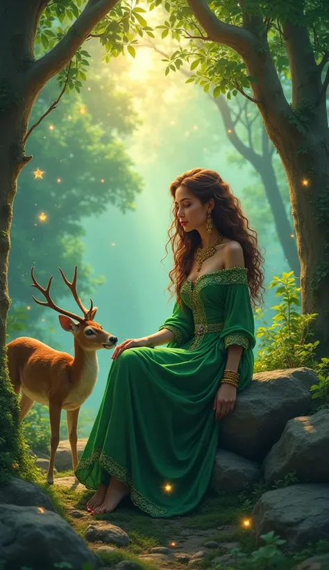  The map is made in fantasy style 

The centerpiece is a magical green forest ,where many fireflies are flying, in the forest in the depths of the forest, a girl of 25 years old with long brown curly hair is sitting on rocks  ,dressed woman in a green orie...