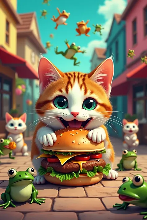  frogs instead of beef 。Brown white cat eating a frog burger。Not beef、A hamburger with a frog in it。Pop atmosphere。A lot of kittens are also here to buy。 There are lots of frogs flying around。