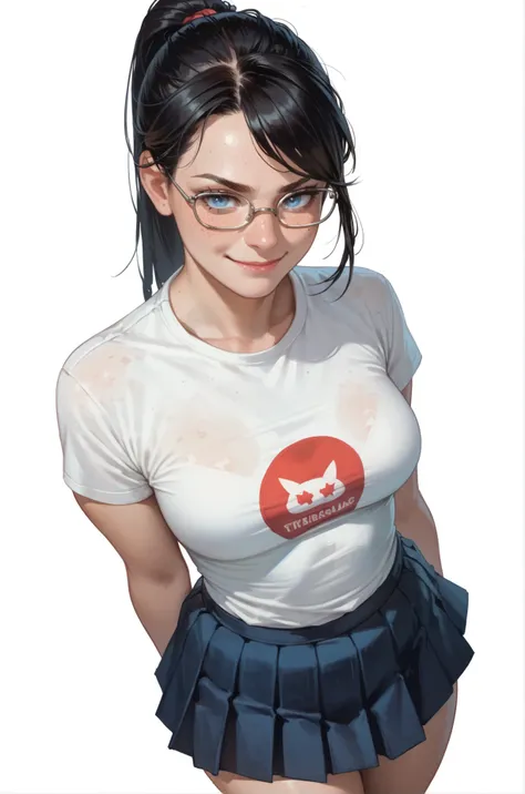 1girl, sexy, freckles, smirk, closed mouth, blue eyes, black hair, high ponytail, medium breasts, glasses, t-shirt, pleated skirt, thighs, standing, dynamic angle, (white background)