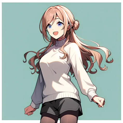 (score_9, score_8_up, score_7_up), 1girl,  source_anime, rating_safe,super detailed , himesaki rinami, light brown hair, single hair bun, swept bangs, sidelocks, long hair, blue eyes, medium breasts, white sweater, long sleeves, black shorts, short shorts,...