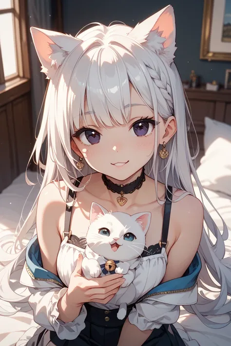 NSFW white hair、White cat ears、black eyes、 cute girl