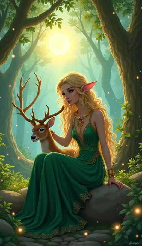  The map is made in fantasy style 

The centerpiece is a magical green forest ,where many fireflies are flying, in the forest in the depths of the forest, a girl of 25 years old with long blond curly hair is sitting on rocks  ,dressed woman in a green orie...