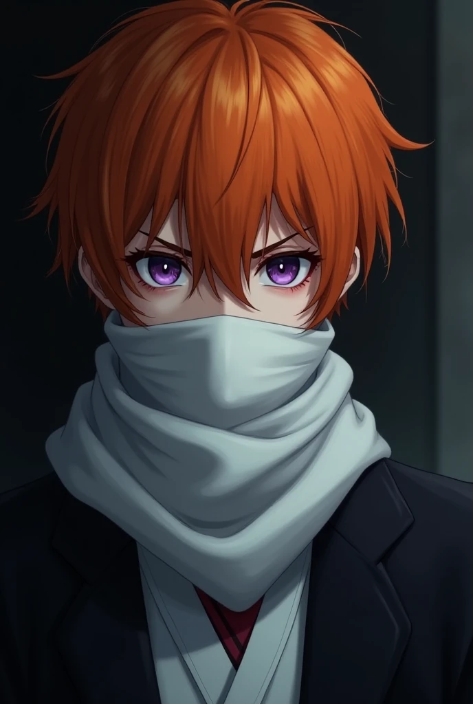 Boy with dark orange hair, dark purple eyes, dark purple eyes, black Haori and a white scarf that hides the bottom of his face. 