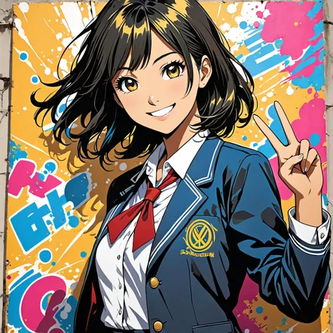 Quality: ((best quality illustration)), (masterpiece), ((detailed)).
Style: ((color illustration)), 2.5D, comic art, fun, humorous, crazy, epic, powerful.
Character: 1girl, soro, high_school_girl, tan_skin, black_hair,  gold black_eyes  standing,  front of...