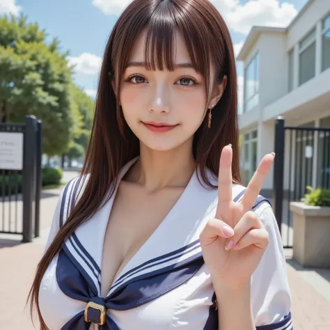 (((((  high school girl、 sailor suit)))))、whole body、smile、 peace sign、(  long dark hair：1.5), School gate、Clear skies、 (Big Breasts:1.7) 、 miniskirt 、 looking at the camera