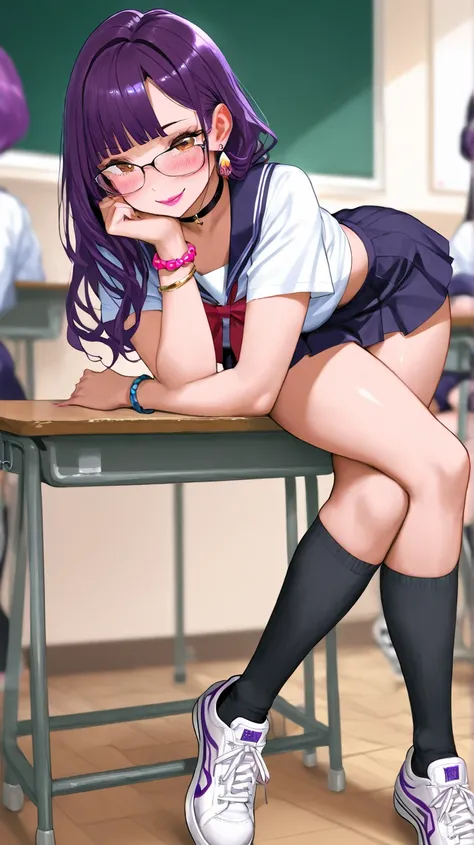 a schoolgirl, gyaru, purple hair with bangs, thick thigh, small breast, mole on face, earring, choker, wearing glasses, lipstick, short crop top uniform, short uniform skirt, bracelet, black socks, sneaker, sitting down in school desk, crossing legs, blush...