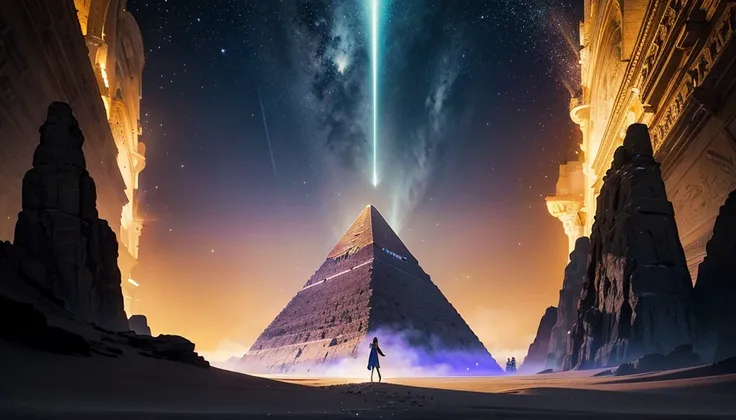  A visual composition that celebrates the grandeur of art ,  focusing on three main elements :  The pyramids of Giza under a sky Starry Nocturne , com uma atmosfera de mystery e grandiosidade;  a representation of the Bosch triptych ,  with its colors vibr...