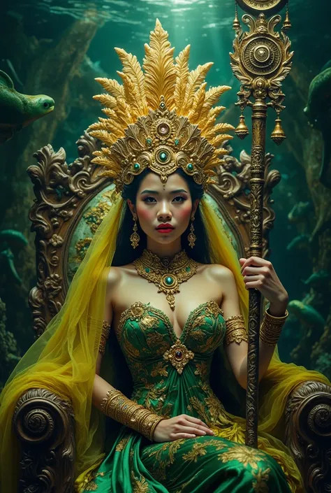 a beautiful indonesian woman with big breasts, a majestic portrayal of ancient nusantara royal attire, featuring a person adorned in a stunning emerald green tubedress embellished with intricate golden details, complemented by a towering golden crown with ...