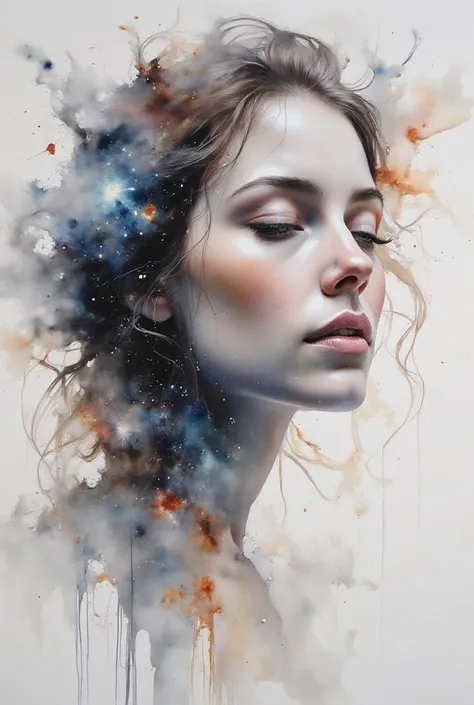 delicate watercolor artwork showing a serene woman's portrait, her dark flowing hair transforming into deep space, cosmic nebulae and star clusters creating soft facial contours, double exposure watercolor technique with bleeding colors and celestial eleme...