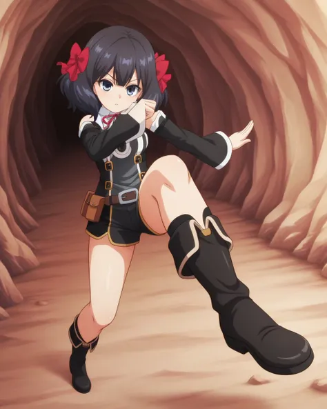  coloring anime, Separate sleeves Tino  , 1 girl, Alone ,  Black hair , cabello corto,  blue eyes,  hair tie, red bow, Love, without fingers,  bare shoulders,  black shorts,  belt,  high averages , high boots, 
asco,  dynamic pose, Kicking, cave,,  masterp...