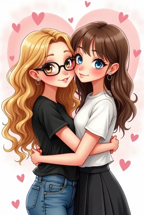 St. Valentine’s postcard in watercolour art style. Two girls hugs each other. One have brown eyes, and blond long curly hair. Wear in black t-shirt from Karl Lagerfeld and Hugo jeans. She have glasses on her face and 4 small earrings in her ear. Another on...