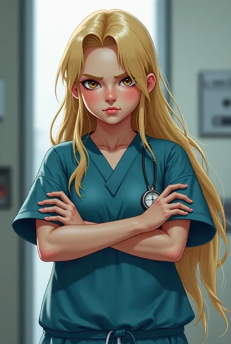  Girl with brown eyes,  blonde,  long hair. She is wearing a surgical suit,  arms crossed on the chest , stands sideways and frowns 