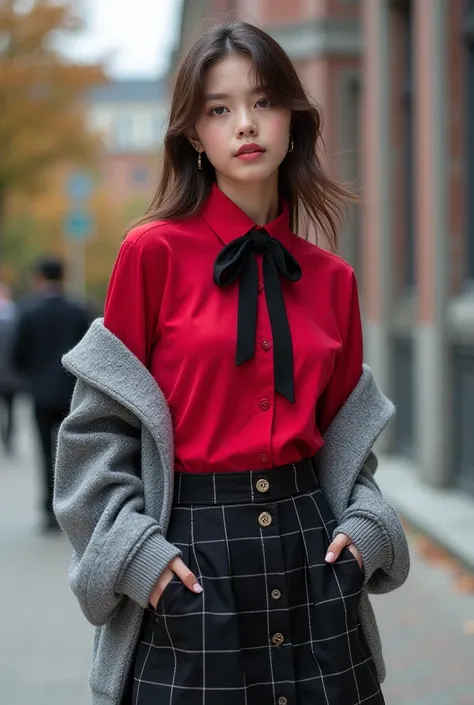  A 20-year-old girl,  shirt wearing a black plaid skirt, A bright cherry shirt, with a black tie and a gray wool sweater with open buttons 