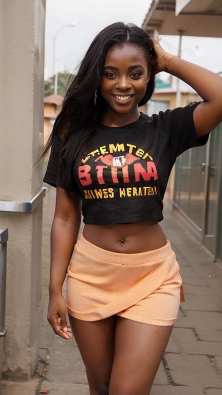 Very attractive 21 year old Zambian girl, beautiful thighs,  bright smile ,  plump lips,  bright smile , Lisa sexy t-shirt, Tight short skirt low waist must be standing in sexy pose 