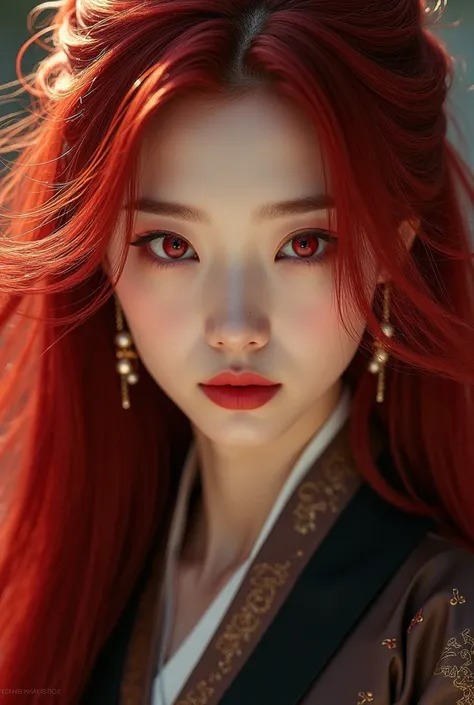 A woman with long red hair,  dark red eyes , Current Korean clothing.  loose wavy hair 