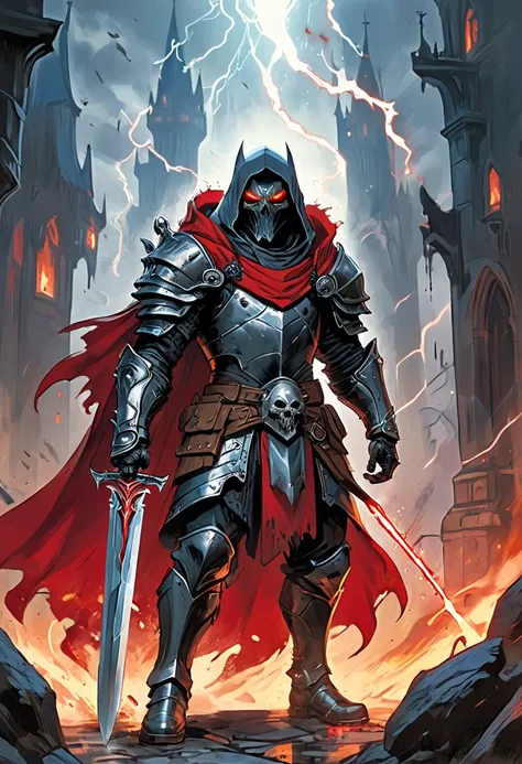  Warrior with opaque brown leather armor under a medieval silver-gray metallic armor with a blood-red cape and hood of the slave knight Gael .
 Wearing a small sinister and stylized mask in the shape of a bone-white human skull with red eyes under the hood...