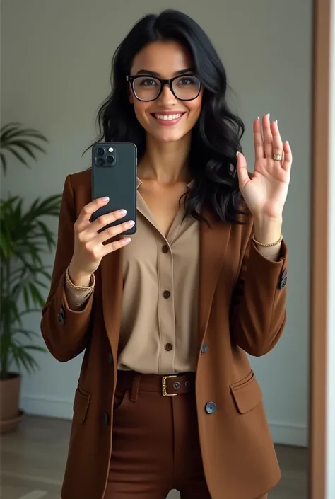  to generate a very realistic and natural image of a Brazilian woman, 35 years old and wearing glasses ,  black and wavy hair , is smiling,  light makeup  ,  Studio photo wearing a brown blazer and beige blouse and well-groomed brown pants taking self out ...