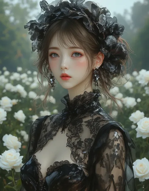 ( Masterpiece:1.2),(  top quality ),( very well detailed ),(  best illustrations),8k,,16k, wallpaper,  Beautiful Woman Who Sweats ,  gothic fashion ,whole body,(I'm taking a walk along the road where countless black roses and white roses bloomed:2.0),  vec...