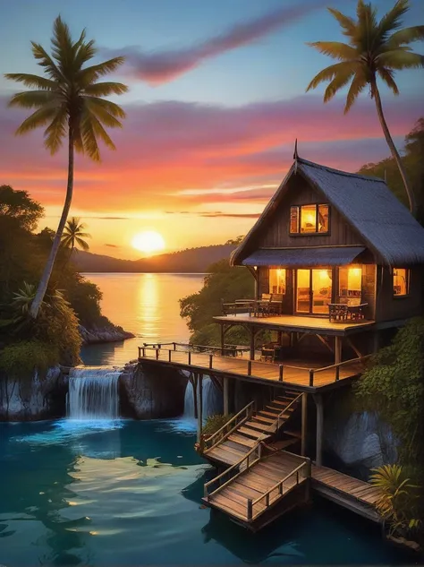 Create an image taken breathtaking beauty of Raja Ampat by sunset, waterfall, shadowed Palms,a cottage house, natural colors,  glowing, best quality, realistic, whimsical, fantastic, splash art, intricate detailed, hyperdetailed, maximalist style, photorea...