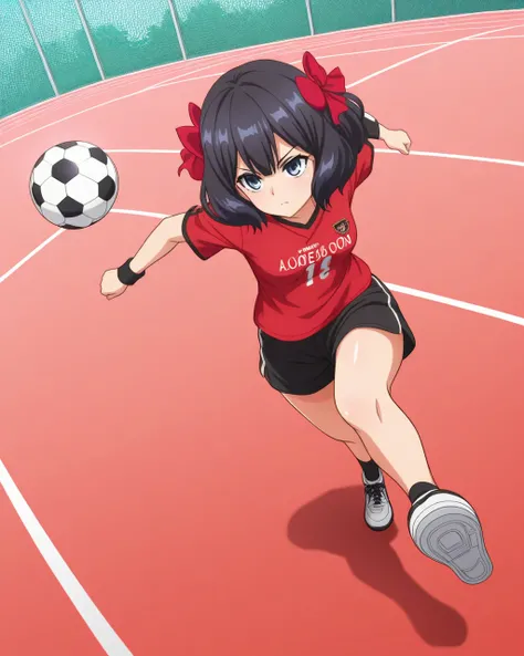  coloring anime, Separate sleeves Tino  , 1 girl, Alone ,  Black hair , cabello corto,  blue eyes,  hair tie, red bow, Love, ,  dynamic pose,  red t-shirt,  short sleeves, short black, kicking a soccer ball , basketball court,,  masterpiece