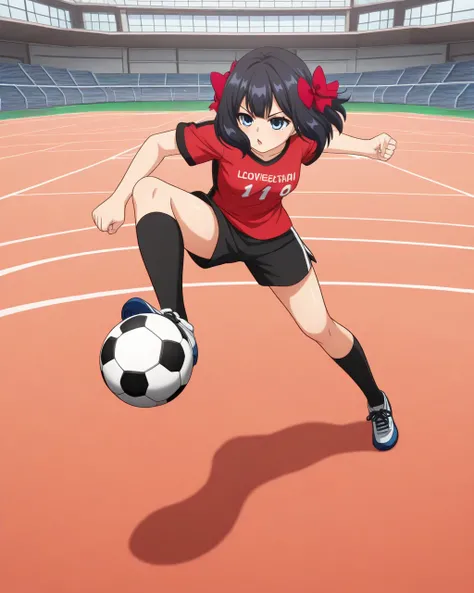  coloring anime, Separate sleeves Tino  , 1 girl, Alone ,  Black hair , cabello corto,  blue eyes,  hair tie, red bow, Love, ,  dynamic pose,  red t-shirt,  short sleeves, short black, kicking a soccer ball , basketball court,,  masterpiece