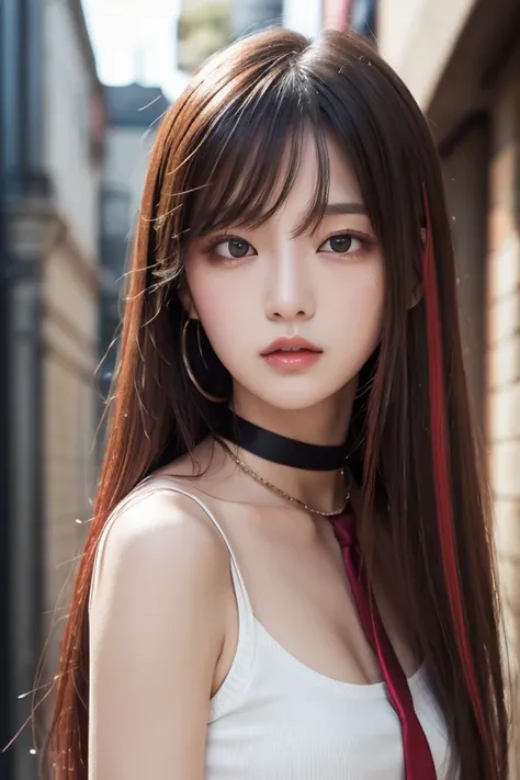  top quality ,  detailed information,  Color Difference,  1 girl,  long hair,  black hair,  messy hair, red highlights,  Hair,  red eyes, Sharp Eye,  choker ,, ,  their four ,  turn my arms around my back , Tie your arms,  