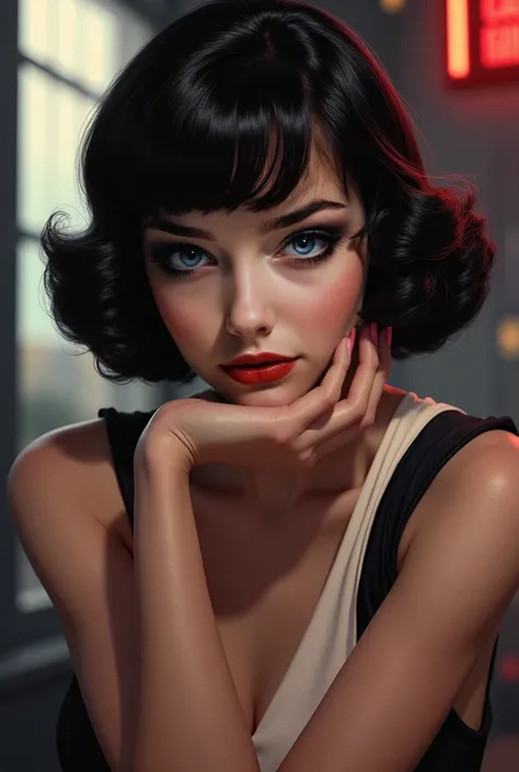 (Masterpiece - Ultra-Detailed, High Resolution) Prepare to be enchanted by a true masterpiece that combines ultra-detailed art with high-resolution rendering. This work shows a mesmerizing woman, with short, black hair, bangs, 1950s style, (1.3) and captiv...