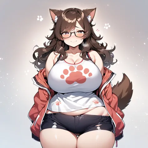 Anime, 1 girl, curvy beauty, fluffy hair, side-layered hair, brunette, curvy body, sports bra (((paw imprint))), jacket, short shorts, glasses, tail, shy Smile 