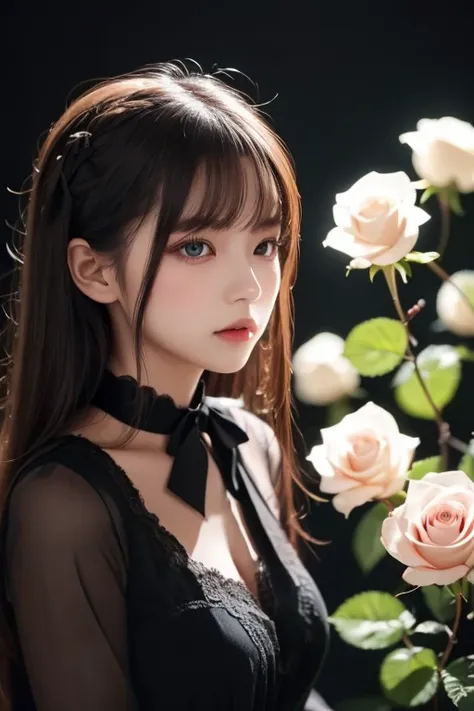 ((masterpiece,  top quality )), best aesthetics, 1 girl, Alone,  long hair,  black dress, flower, ribbon,  black background,  black hair,  Rose, hair ribbon,  green eyes,  Long Sleeve , white  Rose,   closed mouth , black ribbon,  upper body,  cinematic li...