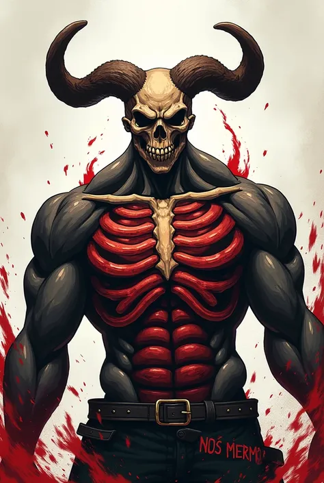 I want a 2D image of a body with a horned skull, Showing the ribs with strong arms , with the name Nós Mermo on the ribs, Very anime-style image please 