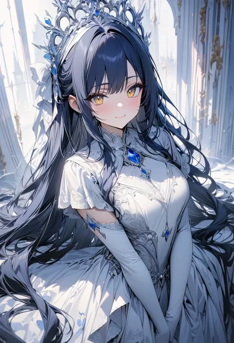 white and blue theme, love theme,  ultra detailed, masterpiece, best quality,, solo, soft smile, light smile,
1girl, golden eyes, very long hair, dark blue hair, long dark blue hair, princess