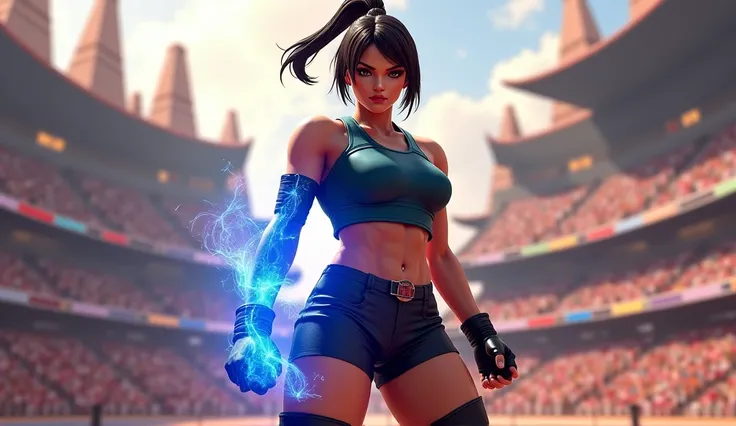 Female character of street fighter jury 6, standing in front of the camera, his arm gave off a flash of blue light, Set in an arena