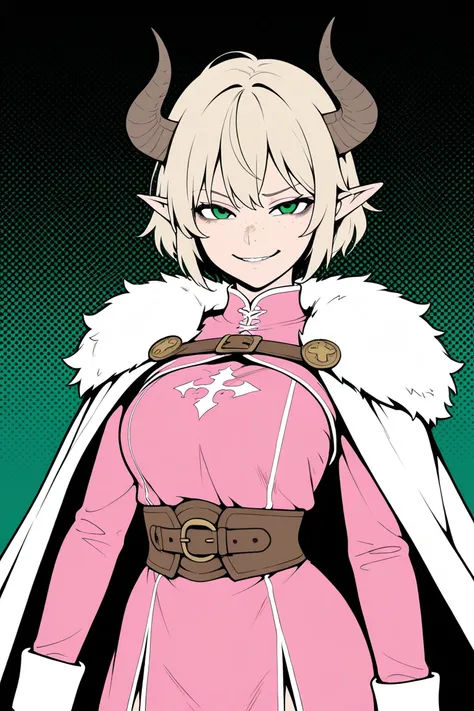 8k, thin, messy shaggy short blonde hair, short hair, pointy ears, short ram horns, half elf witch, pink outfit, pink medieval Viking outfit, wearing fur on shoulders, long sleeves, short dress, war maiden, freckles, medium teardrop breast, thin waist, sho...