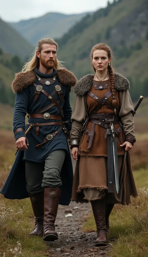 A handsome young Finnish warrior and a beautiful Finnish warrior maiden from the 13th century walk with confidence, exuding charisma and strength. Their facial features are striking and noble, with piercing eyes that reflect their warrior spirit. Their hai...